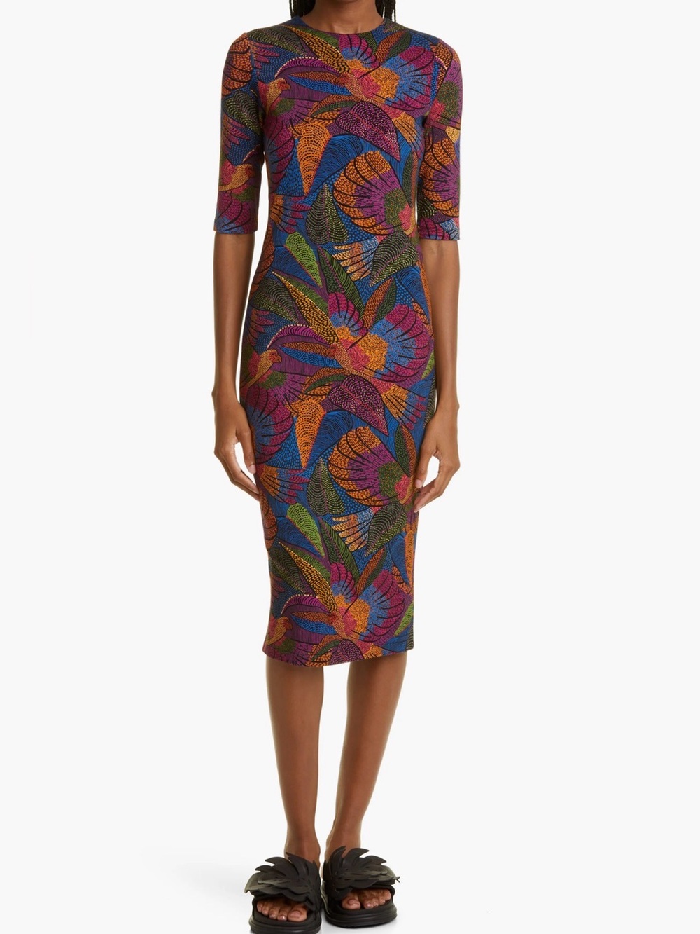 FARM Rio Macaws Jersey Midi Dress Multi Color Tropical Size Medium